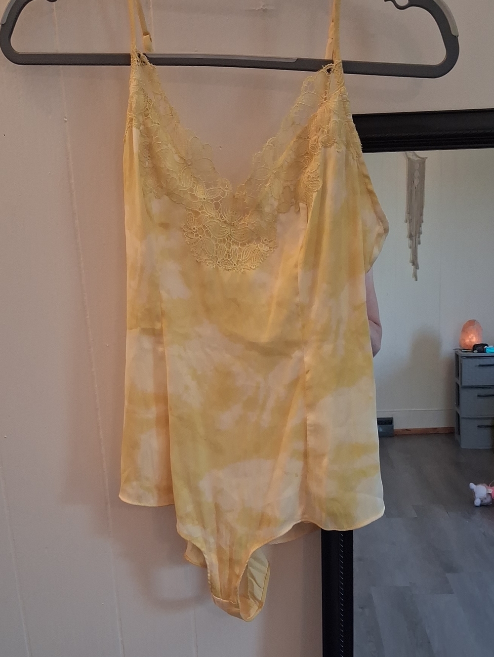 Free People Butter Yellow Tie-Dye Lace-Trim Satin Bodysuit Lingerie Neglige